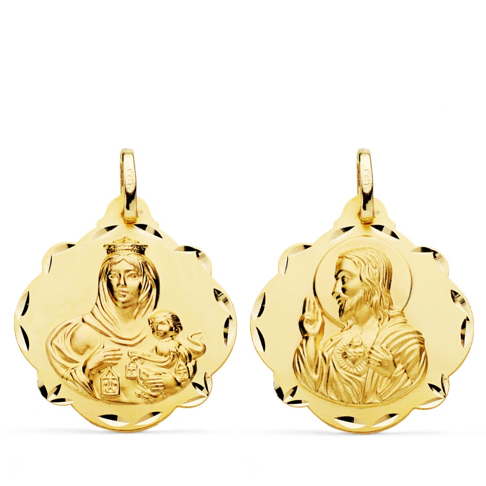 18K ESCAPULARIO ORO AMARILLO VIRGEN DEL CARMEN Y CORAZON DE JESUS 24 MM