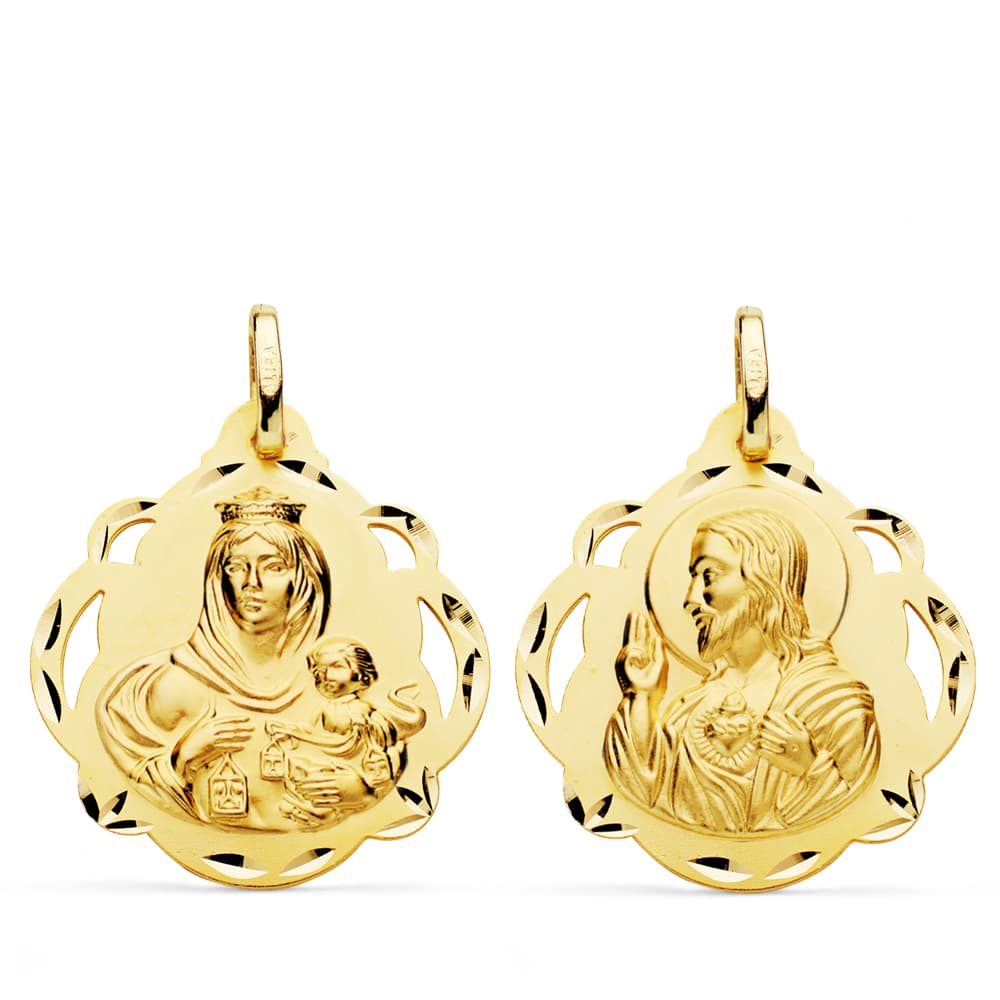 18K ESCAPULARIO ORO AMARILLO VIRGEN DEL CARMEN Y CORAZON DE JESUS PANDERETA CALADA 24 MM