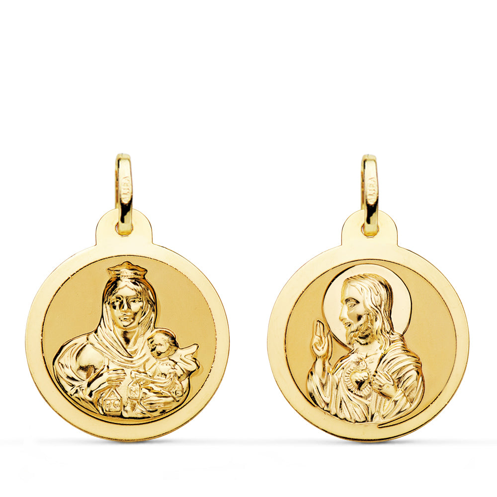 Escapulario Brillo Virgen del Carmen y Corazon de Jesus 20 mm de oro amarillo 18K