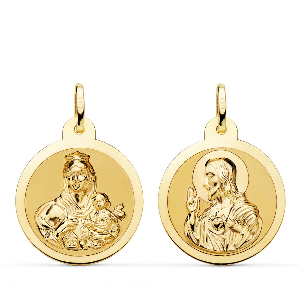 9K ESCAPULARIO ORO AMARILLO BRILLO VIRGEN DEL CARMEN Y CORAZON DE JESUS 22 MM
