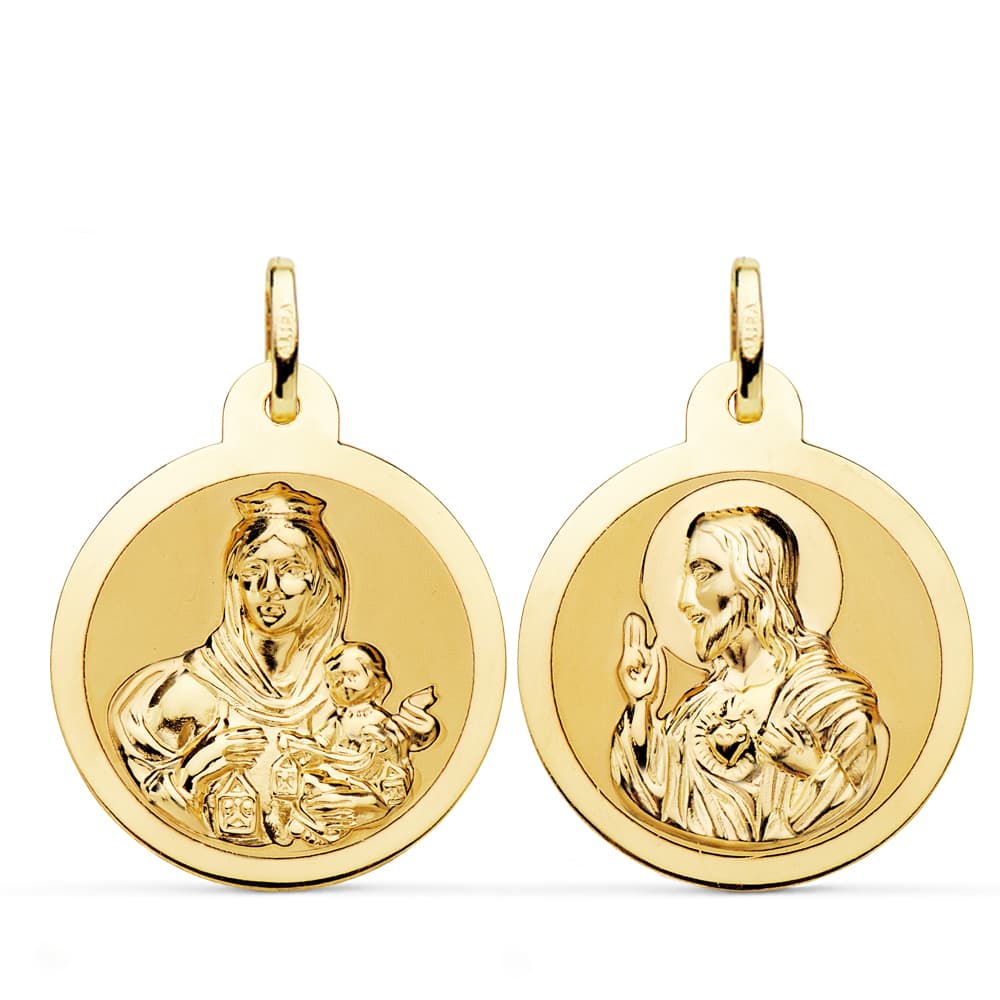 18K ESCAPULARIO ORO AMARILLO ORO AMARILLO BRILLO VIRGEN DEL CARMEN CORAZON JESUS 24 MM