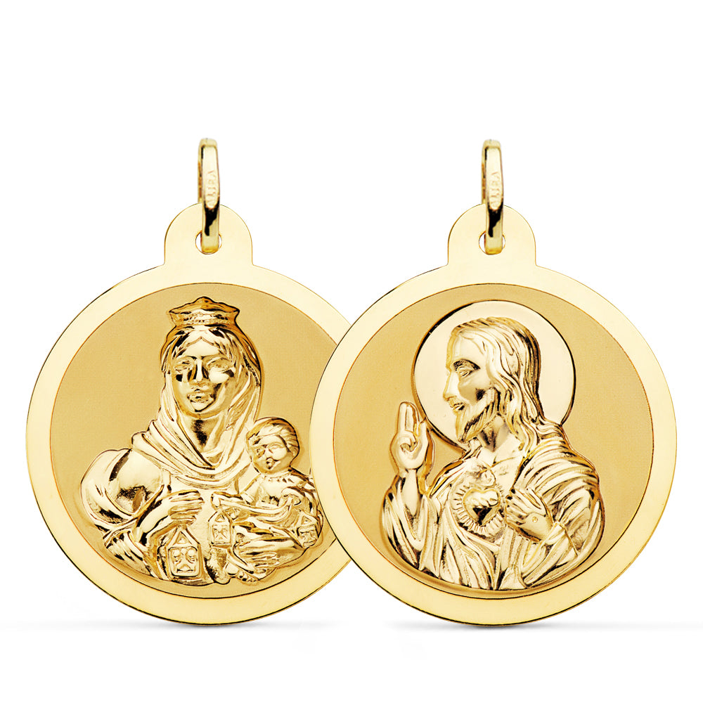 Escapulario Brillo Virgen del Carmen y Corazon de Jesus 28 mm de oro amarillo 18K