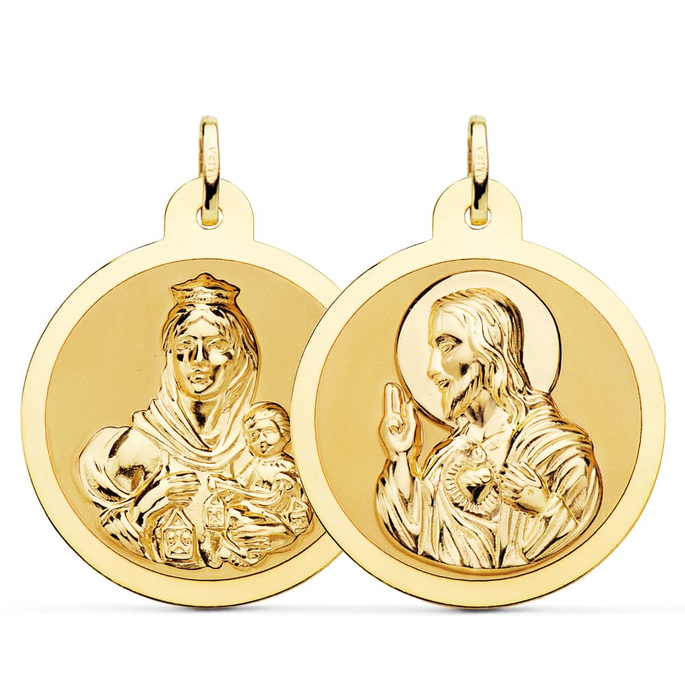 18K ESCAPULARIO ORO AMARILLO ORO AMARILLO BRILLO VIRGEN DEL CARMEN Y CORAZON DE JESUS 30 MM