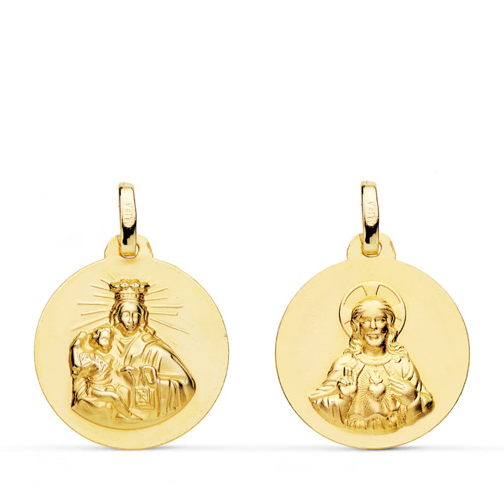 18K ESCAPULARIO ORO AMARILLO VIRGEN DEL CARMEN Y CORAZON DE JESUS LISO 18 MM