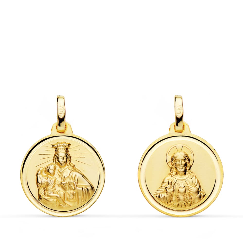 18K ESCAPULARIO ORO AMARILLO VIRGEN CARMEN CORAZON JESUS 16 MM