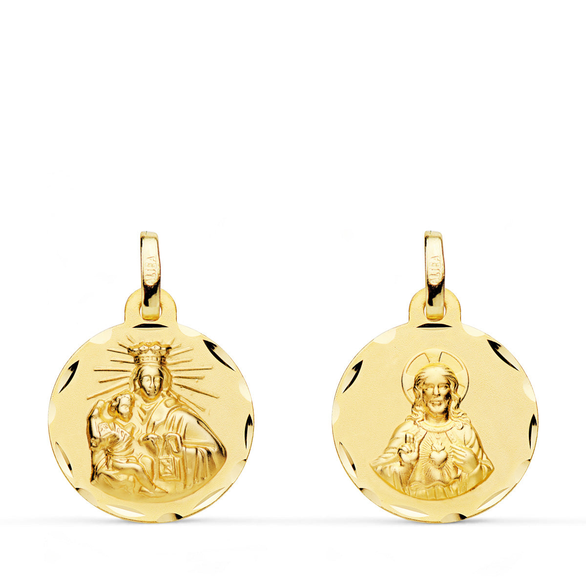 Escapulario Corazon de Jesus y Virgen del Carmen Tallado 16 mm de oro amarillo 18K