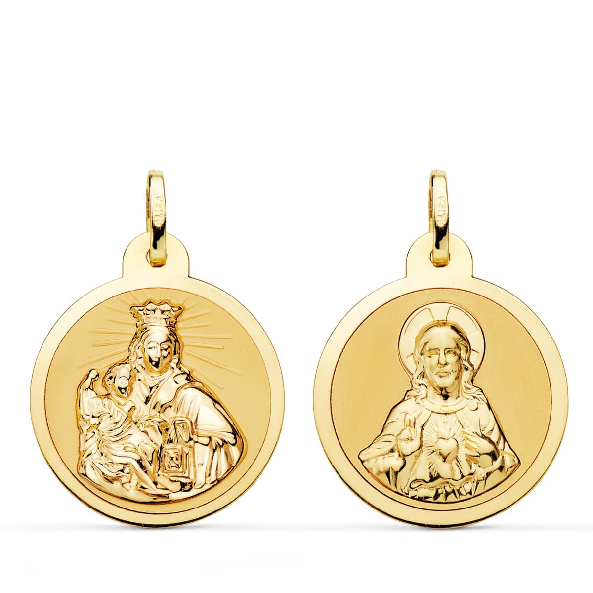 18K ESCAPULARIO ORO AMARILLO VIRGEN DEL CARMEN Y CORAZON DE JESUS EN BRILLO 22 MM