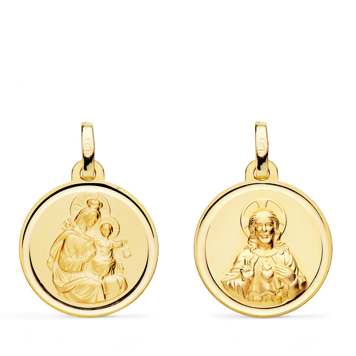 Escapulario Virgen del Carmen y Corazon de Jesus Bisel 18 mm de oro amarillo 18K