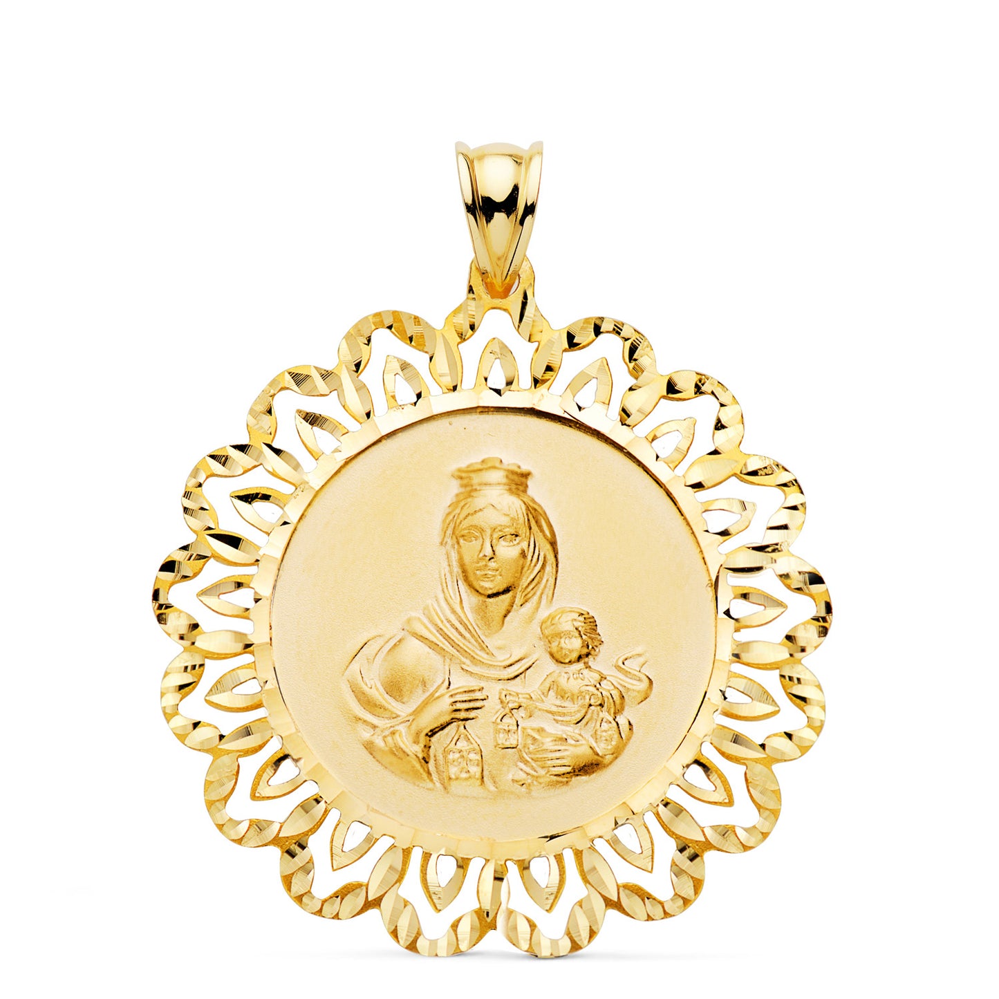 Medalla Virgen del Carmen Cerco Tallado 34 x 34 mm de oro amarillo 18K