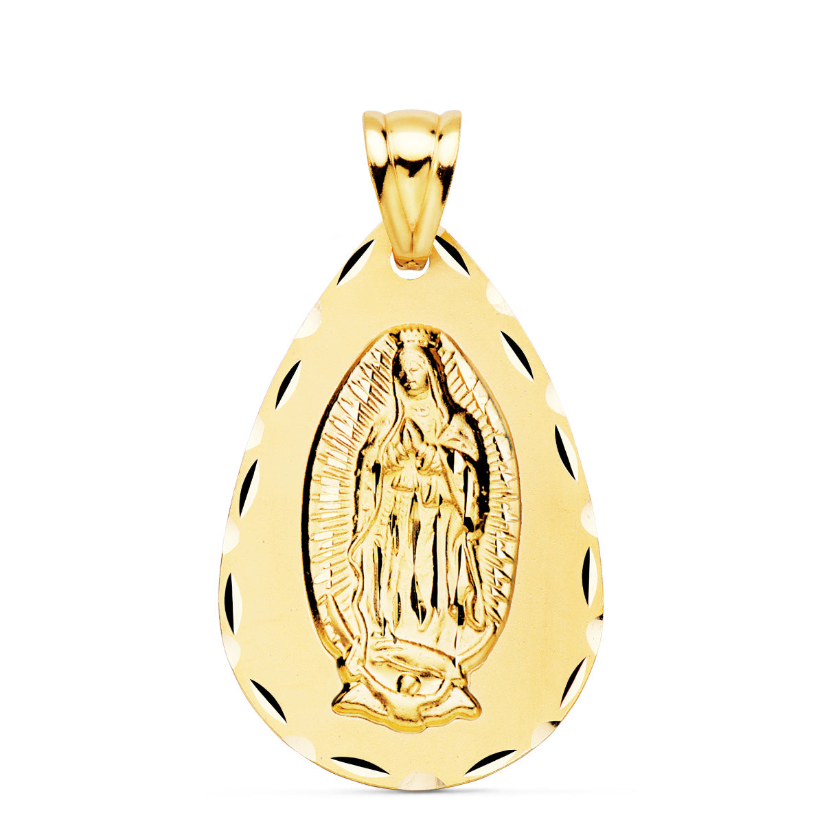 Medalla Virgen de Guadalupe Talla Clasica Gota 36 x 23 mm de oro amarillo 18K