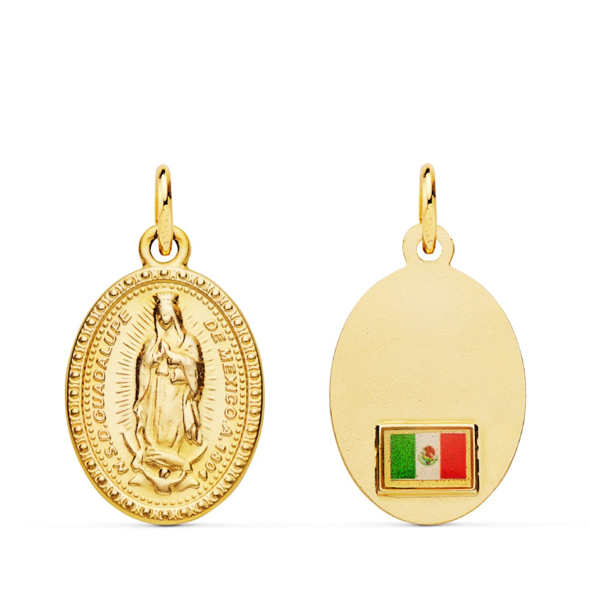 Medalla Virgen Guadalupe Oval con Bandera 18 x 14 mm de oro amarillo 18K