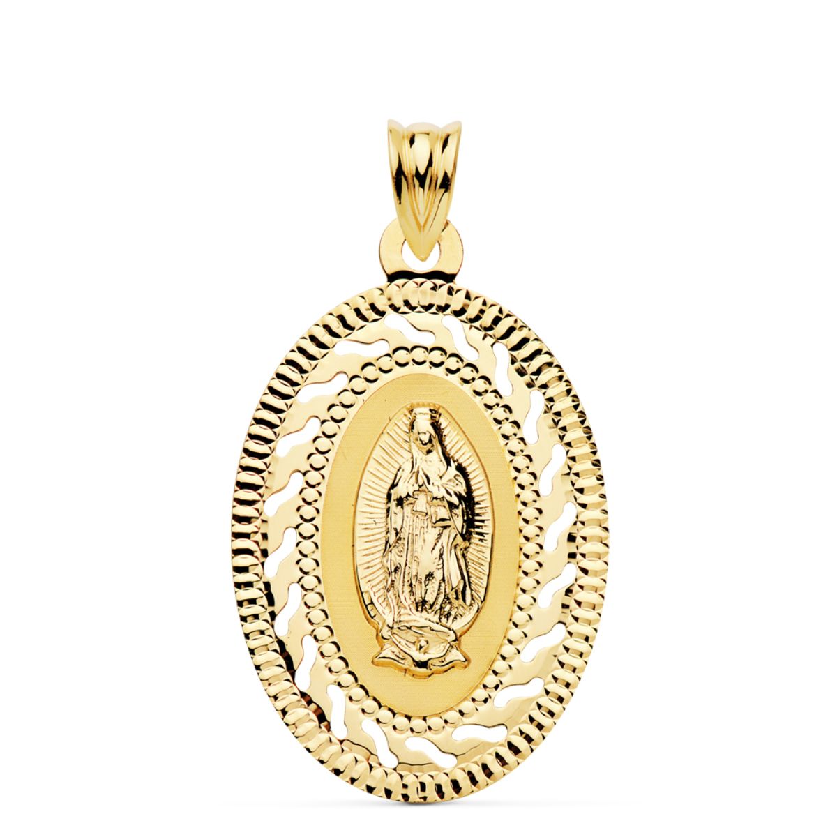 18K MEDALLA ORO AMARILLO VIRGEN GUADALUPE CERCO CALADO Y TALLADO. 34 X 22 MM