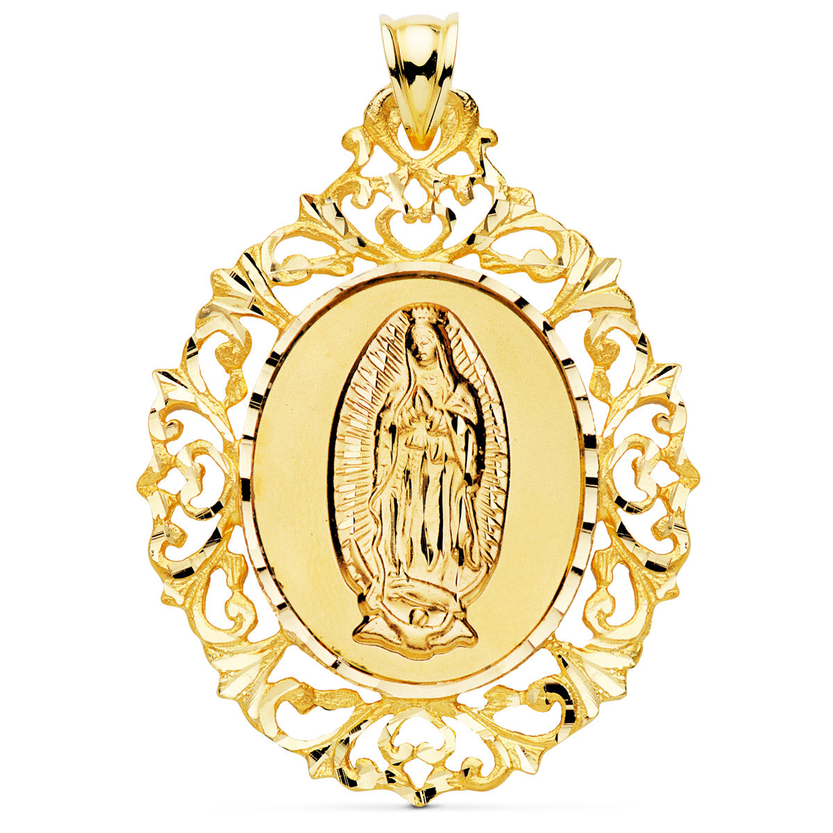 18K MEDALLA ORO AMARILLO VIRGEN GUADALUPE ORLA DE FILIGRANA 51X40 MM