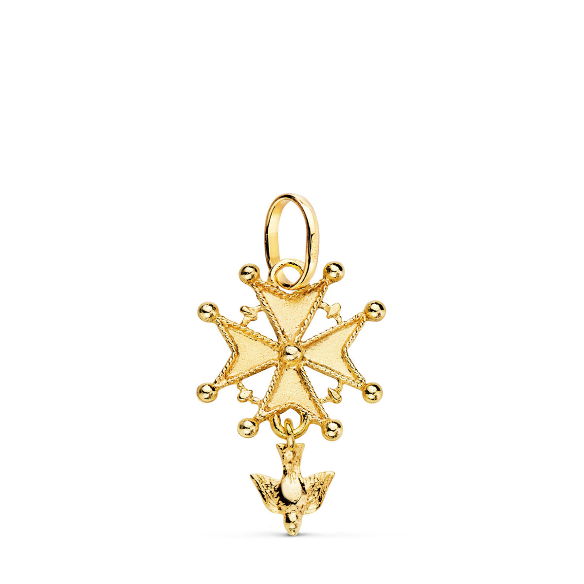 Cruz de Huguenotte con Paloma. 23 x 15 mm de oro amarillo 18K