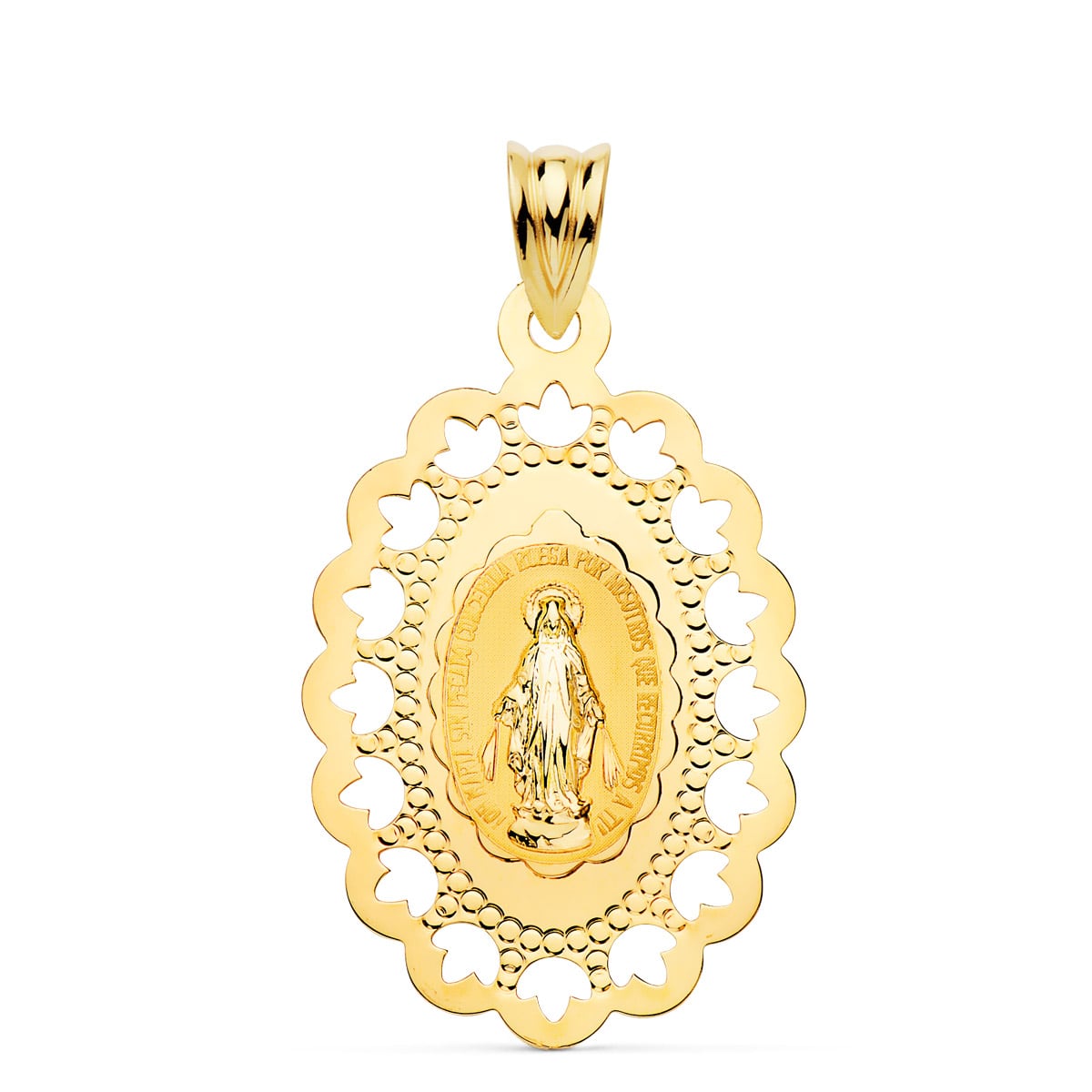 18K MEDALLA ORO AMARILLO VIRGEN MILAGROSA CERCO CALADO 34 X 22 MM