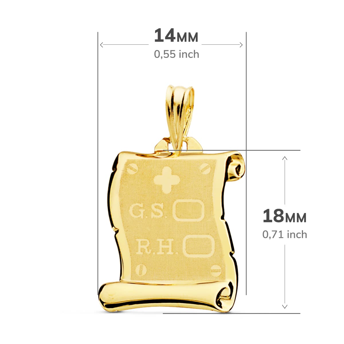 18K PLACA CHAPA COLGANTE PERGAMINO ORO AMARILLO BRILLO GRUPO SANGUINEO RH MATE 18X14 MM