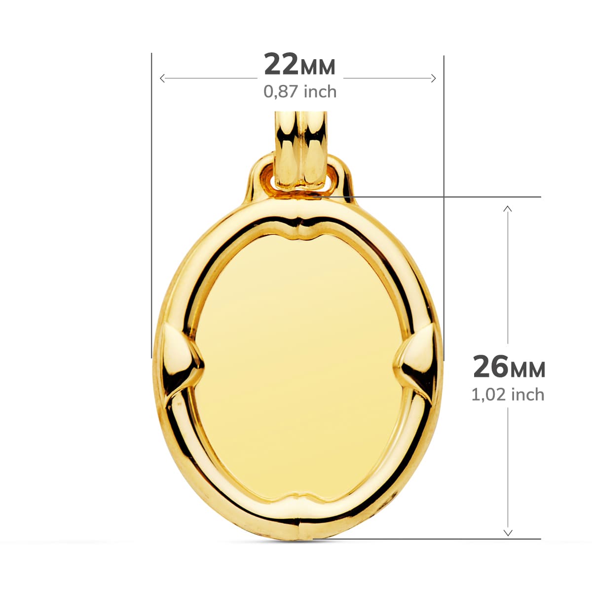 18K PLACA CHAPA OVAL ORO AMARILLO BRILLO CON BORDE 26X22 MM