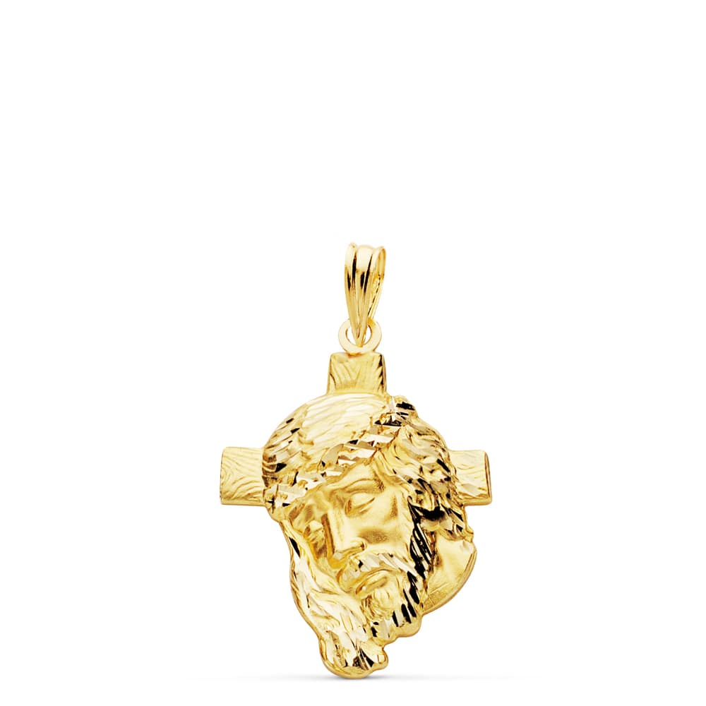 Colgante Colgante Cabeza de Cristo con Cruz. 26 x 18 mm de oro amarillo 9K