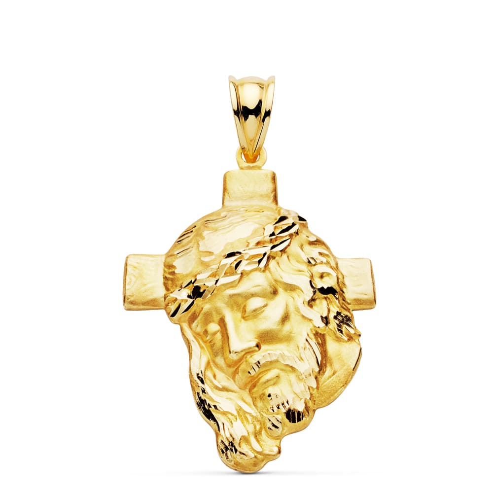 Colgante Cabeza de Cristo con Cruz 35 x 25 mm de oro amarillo 18K