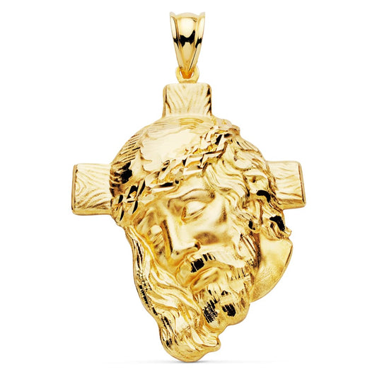 18K COLGANTE ORO AMARILLO CABEZA DE CRISTO CON CRUZ TALLADA 40X30 MM