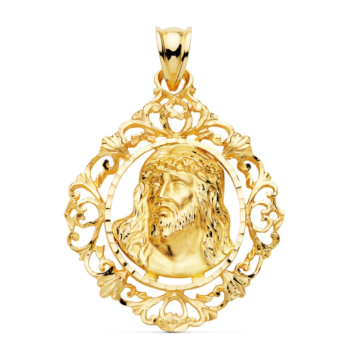 Colgante Cristo Estampado Cerco. 32 x 29 mm de oro amarillo 18K