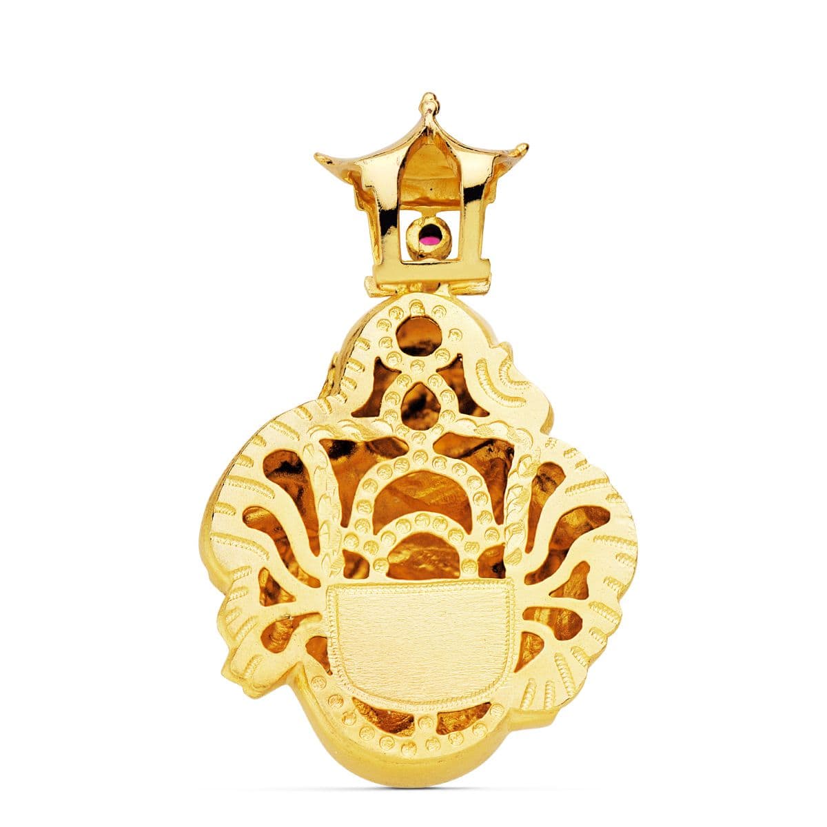 18K COLGANTE BUDA CON PIEDRA ROJA ORO AMARILLO 41X33 MM