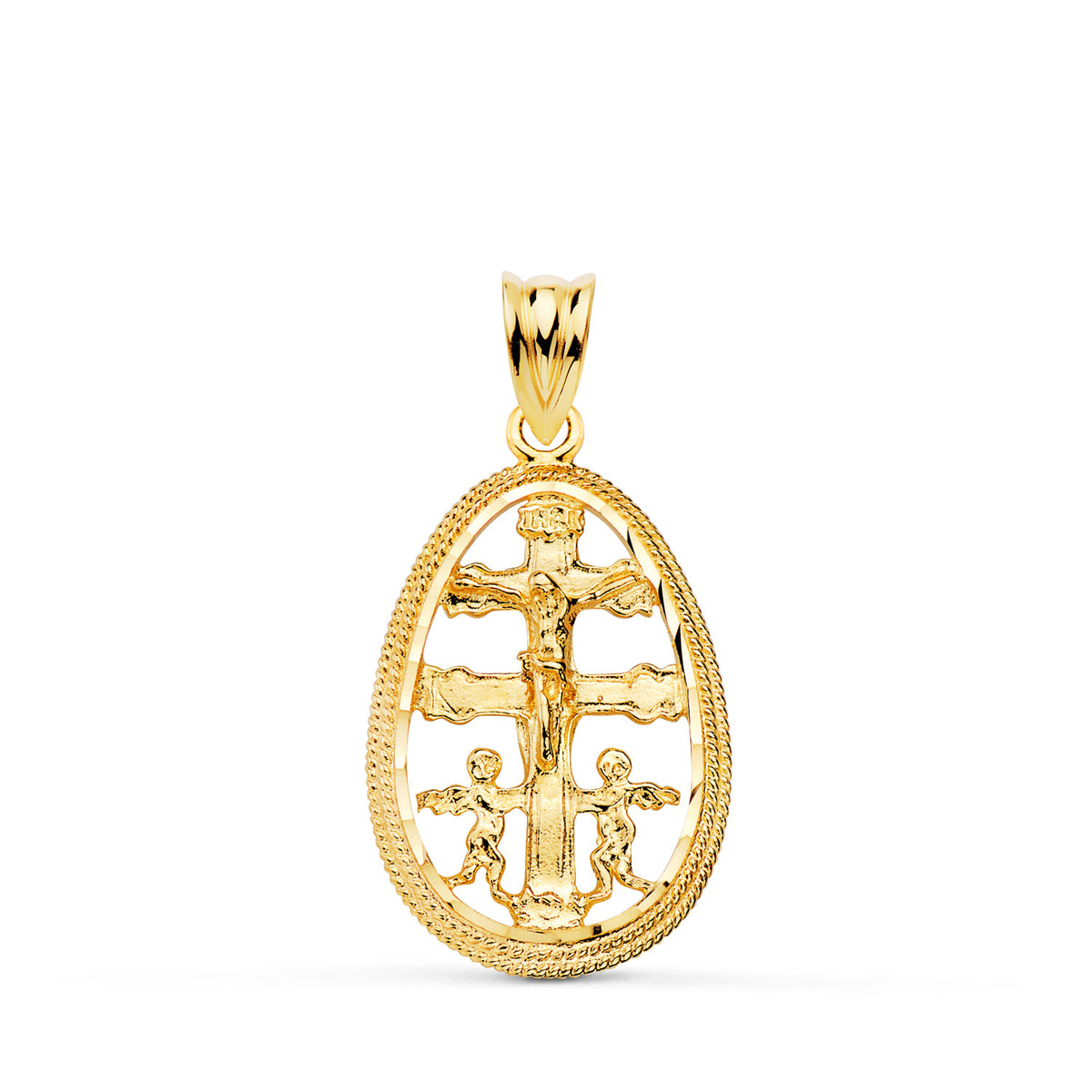 Colgante Cruz de Caravaca Cerco Oval Tallado. 23 x 16 mm de oro amarillo 18K