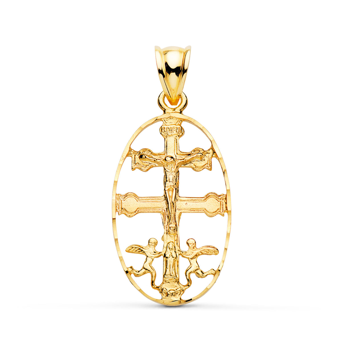Cruz de Caravaca Cerco Oval Tallado. 27 x 17 mm de oro amarillo 18K