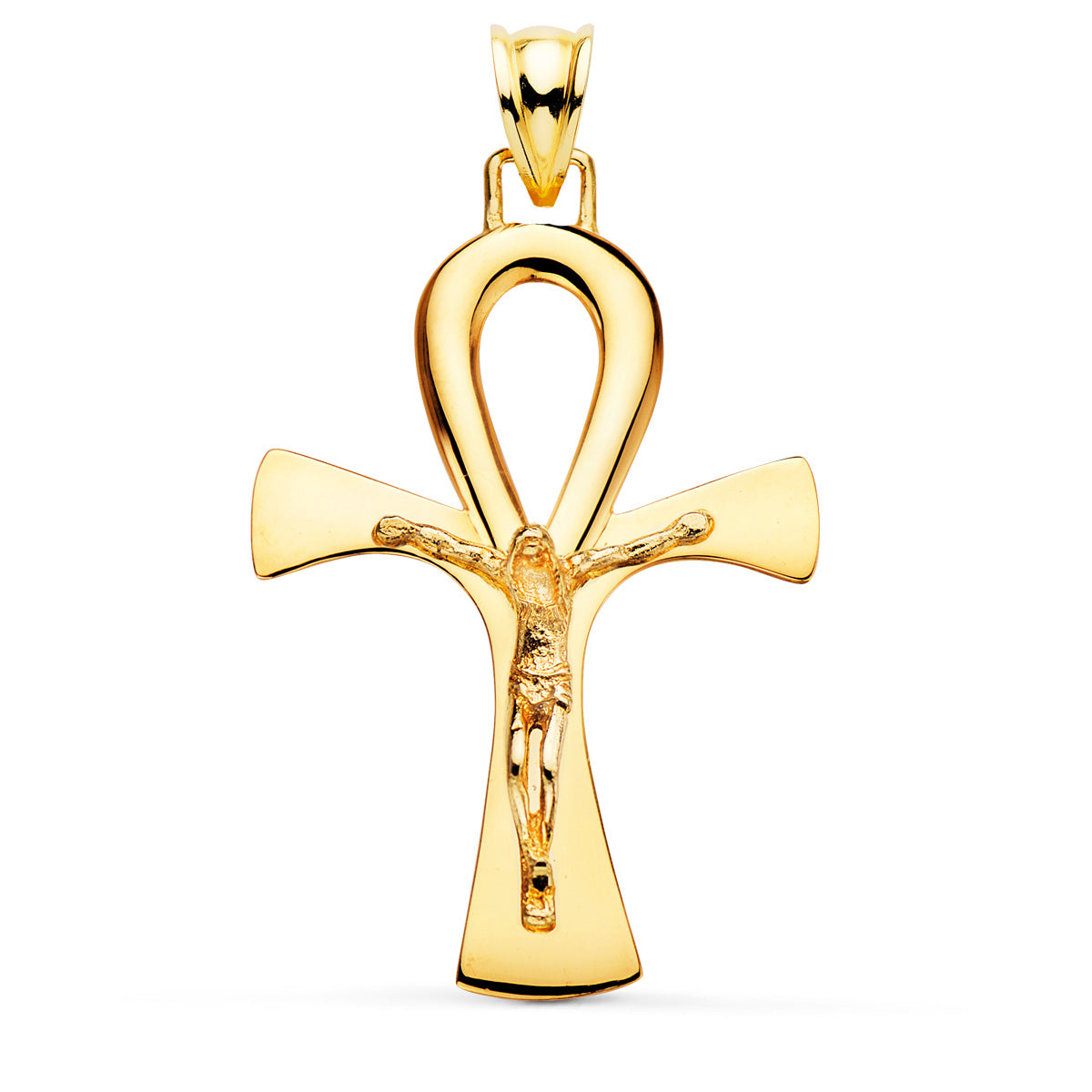 Cruz de la Vida Egipcia con Cristo en Brillo 36 x 23 mm de oro amarillo 18K