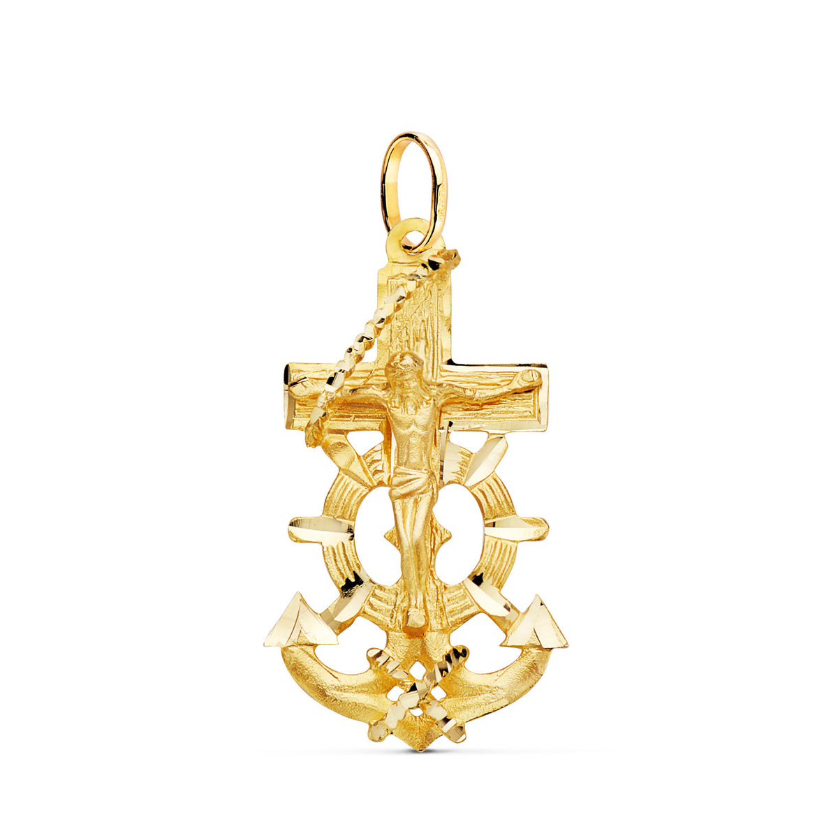 Cruz Marinera con Cristo Tallada 35 x 20 mm de oro amarillo 18K