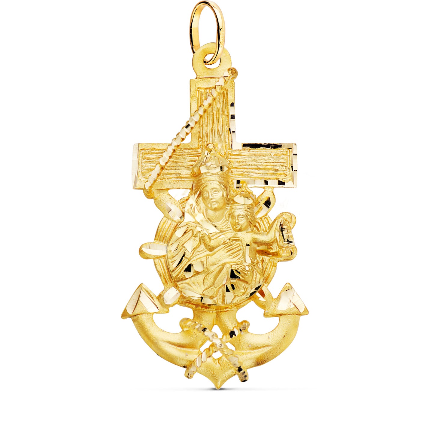 Cruz Marinera Virgen del Carmen Tallada 47 x 25 mm de oro amarillo 18K