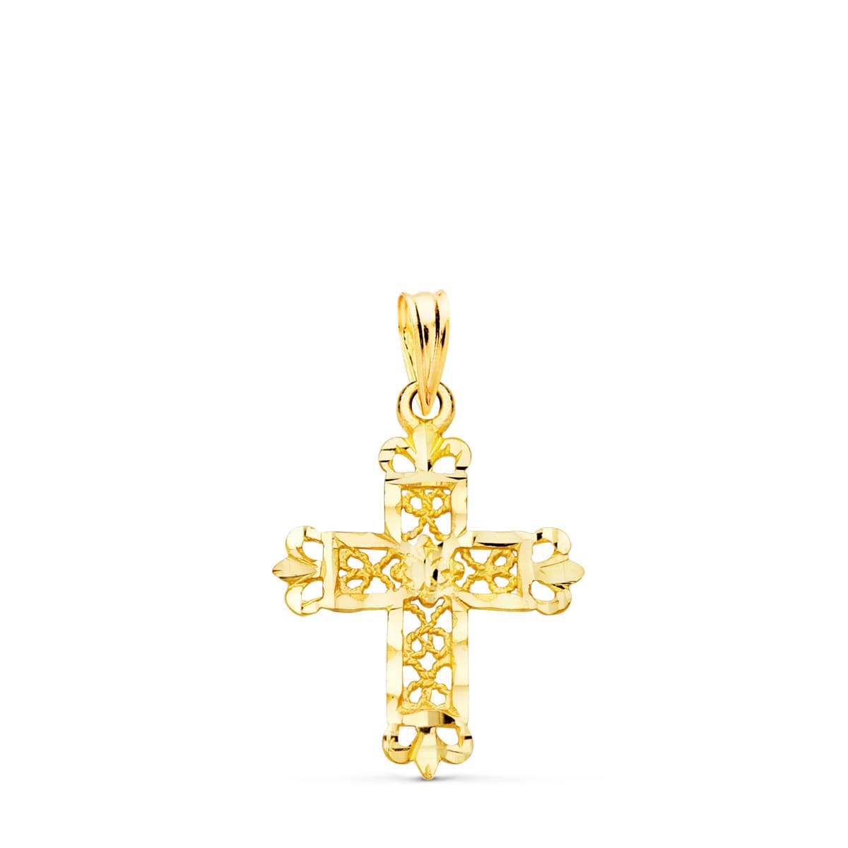 18K CRUZ ORO AMARILLO FILIGRANA BORDES TALLADOS. 22X19 MM