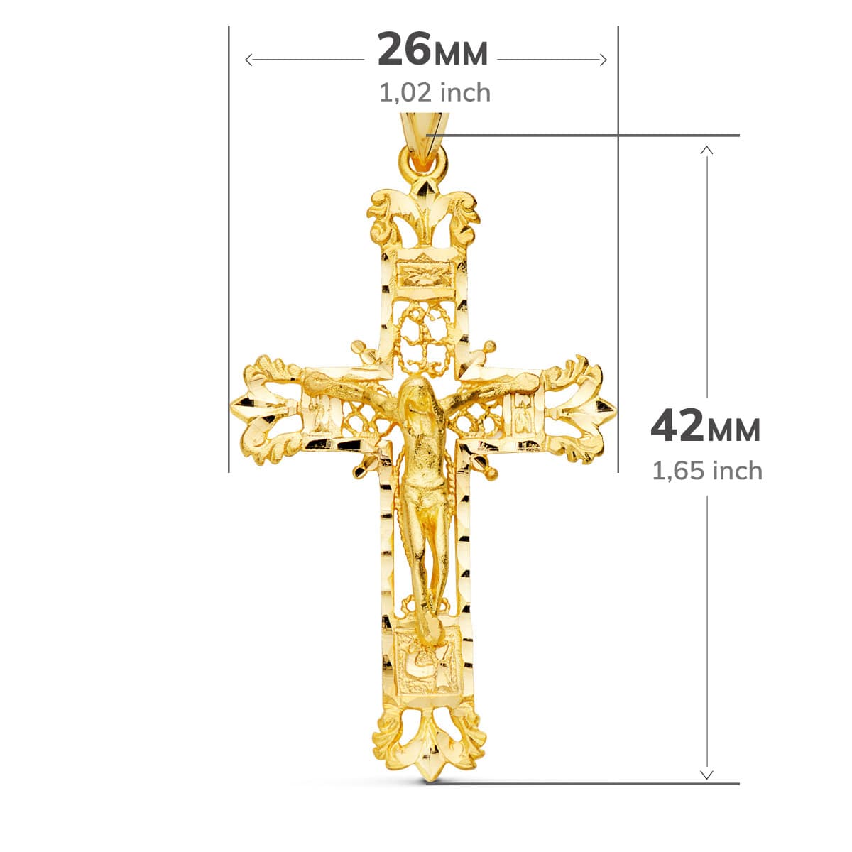 18K CRUZ ORO AMARILLO FILIGRANA CON CRISTO TALLADA 42X27 MM
