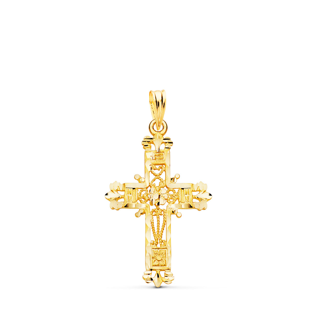 Cruz Filigrana Bordes Tallados. 29 x 19 mm de oro amarillo 18K