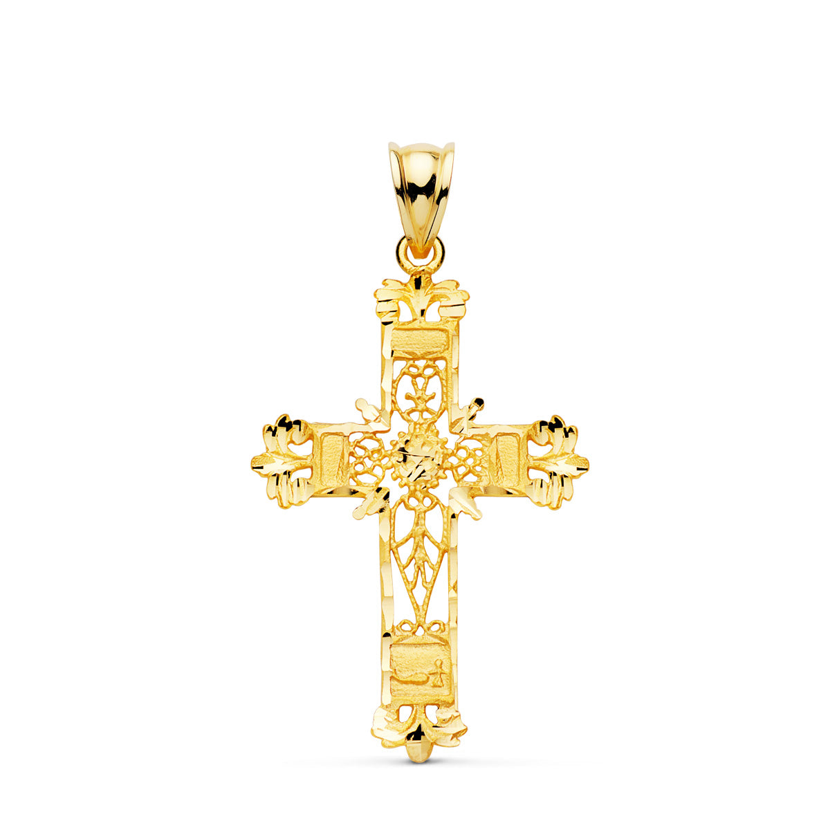 Cruz Filigrana Bordes Tallados. 37 x 25 mm de oro amarillo 18K