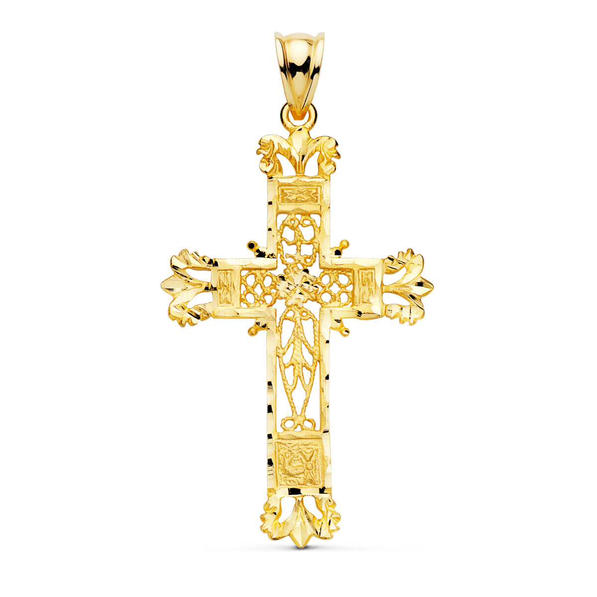 18K CRUZ ORO AMARILLO FILIGRANA BORDES TALLADOS. 44X28 MM