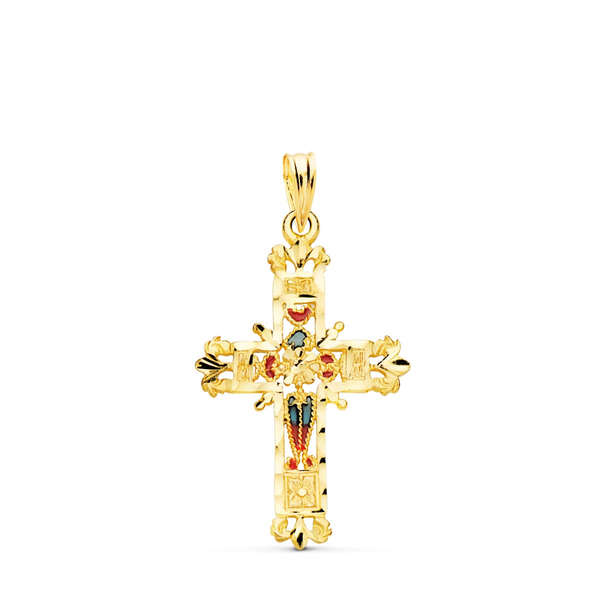 18K CRUZ ORO AMARILLO VIDRIERA CATEDRAL BORDES TALLADOS. 30X20 MM