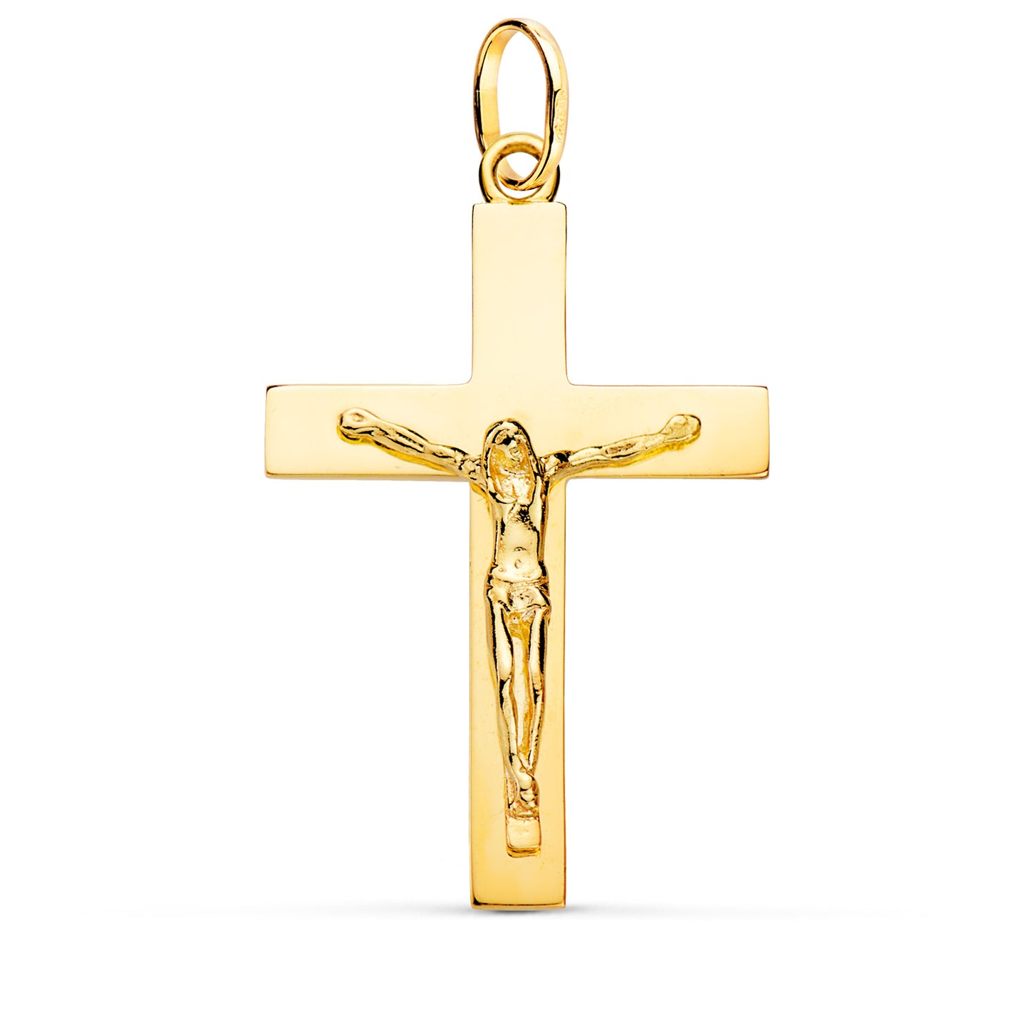 18K CRUZ ORO AMARILLO CRISTO MACIZA PALO RECTANGULAR BRILLO 38 X 24 MM
