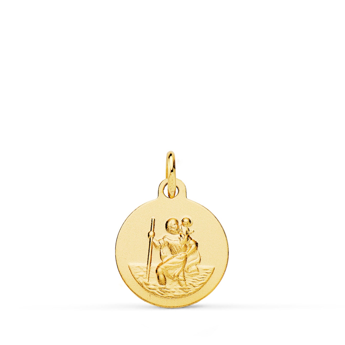 Medalla San Cristobal Lisa Matizada 14 mm de oro amarillo 18K