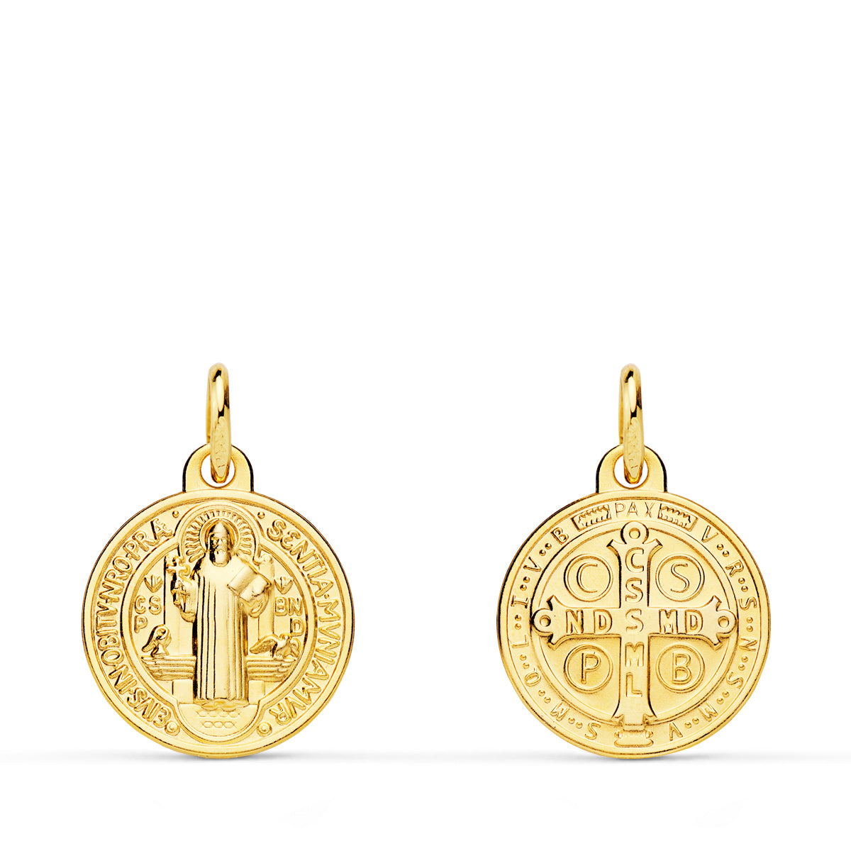 Medalla Escapulario San Benito Monje 14 mm Matizada de oro amarillo 18K