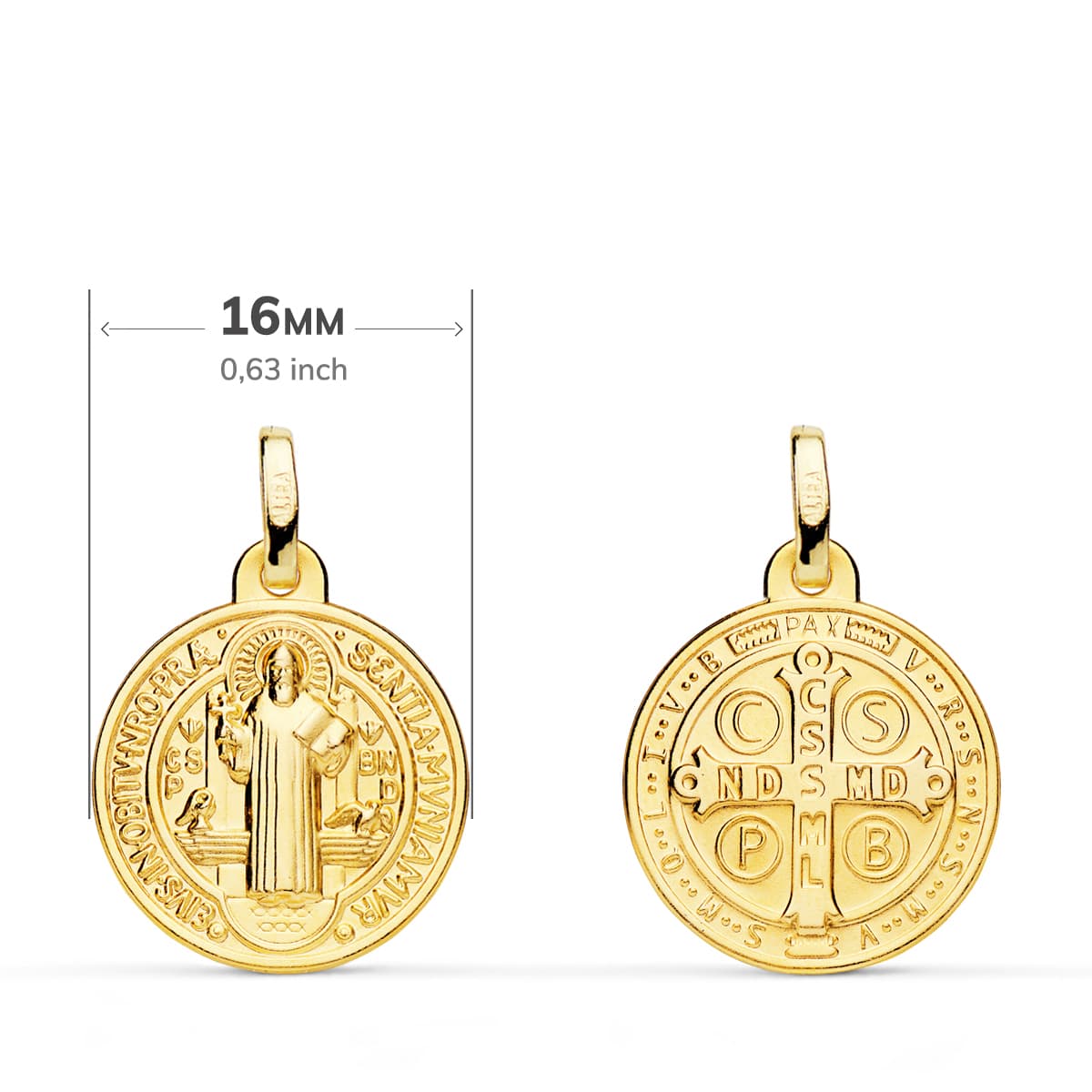 9K ESCAPULARIO ORO AMARILLO SAN BENITO MONJE 16 MM EN BRILLO