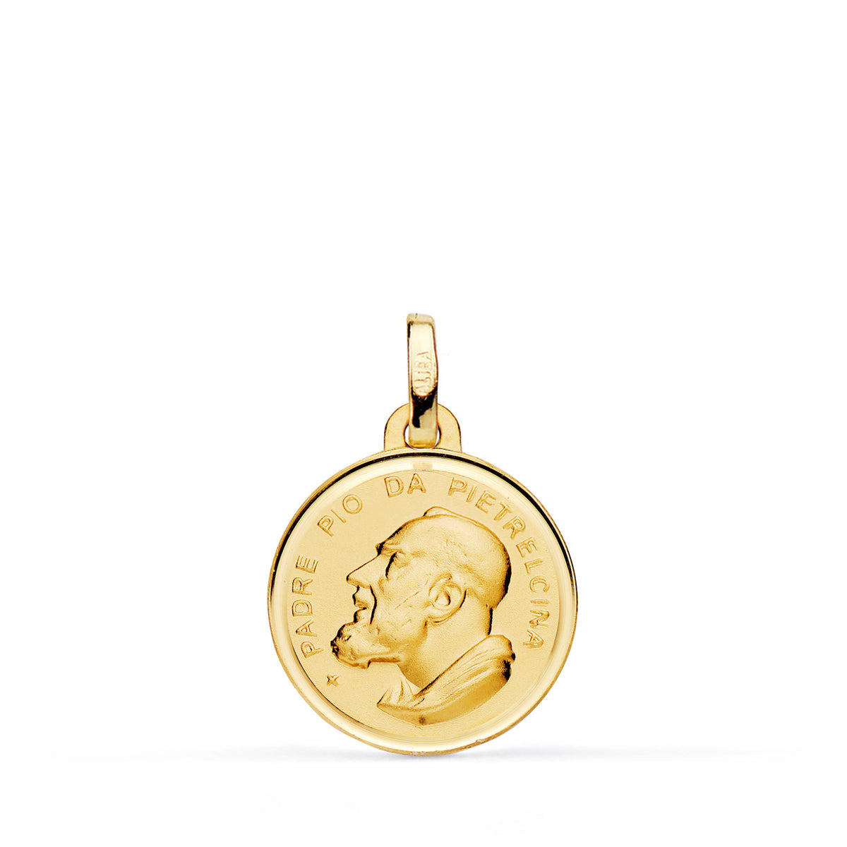 Medalla Padre Pio con Bisel y Matizada. Medida: 16 mm de oro amarillo 18K