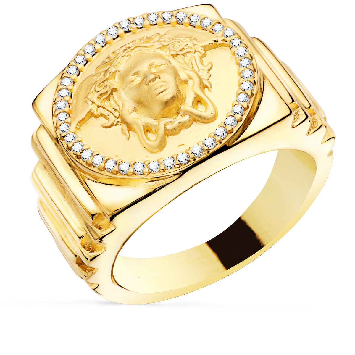 Sello Medusa con Circonita Lateral Escalonado Ancho 19 mm de oro amarillo 18K