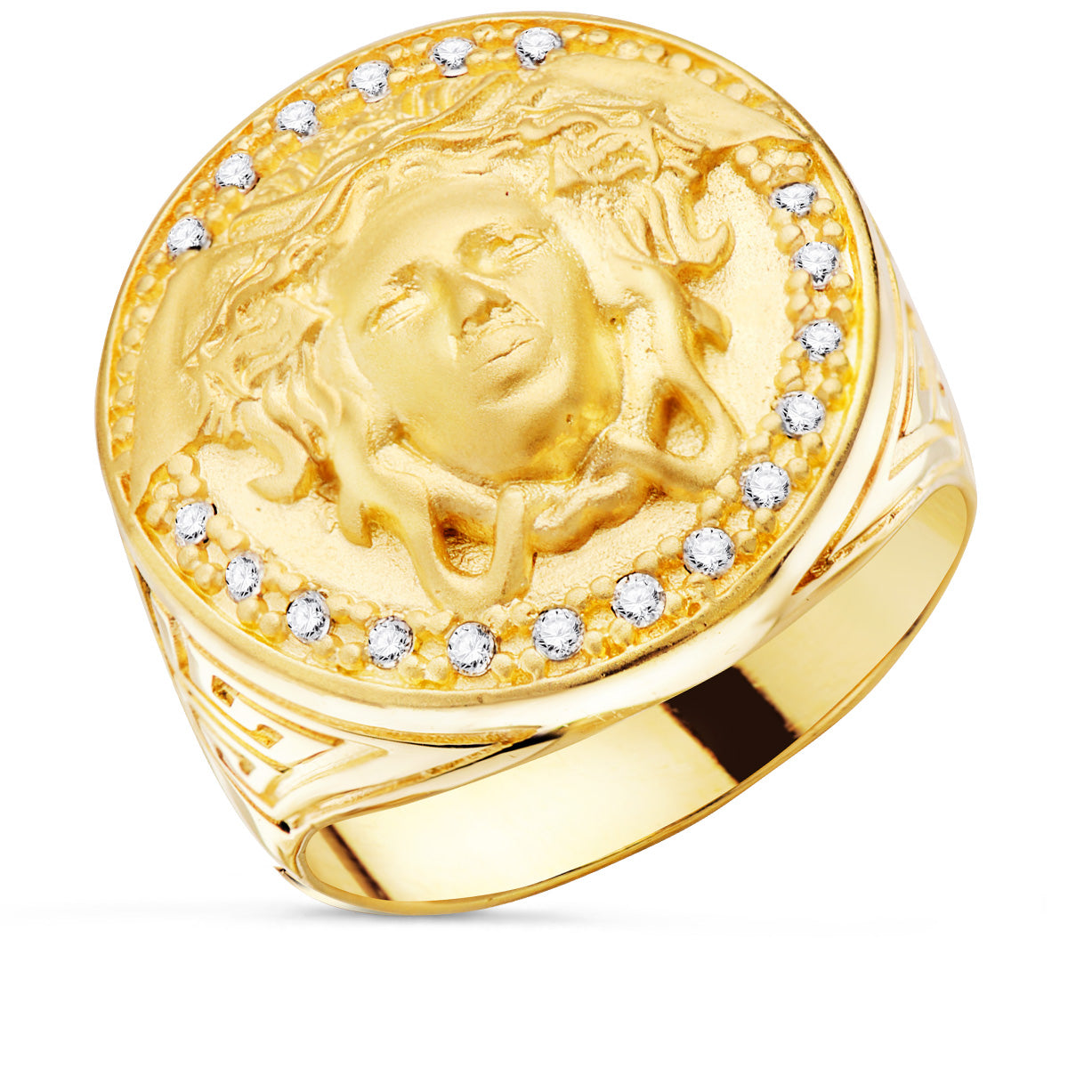18K SELLO ORO AMARILLO MEDUSA CON CIRCONITA LATERAL GRECA ANCHO 19 MM