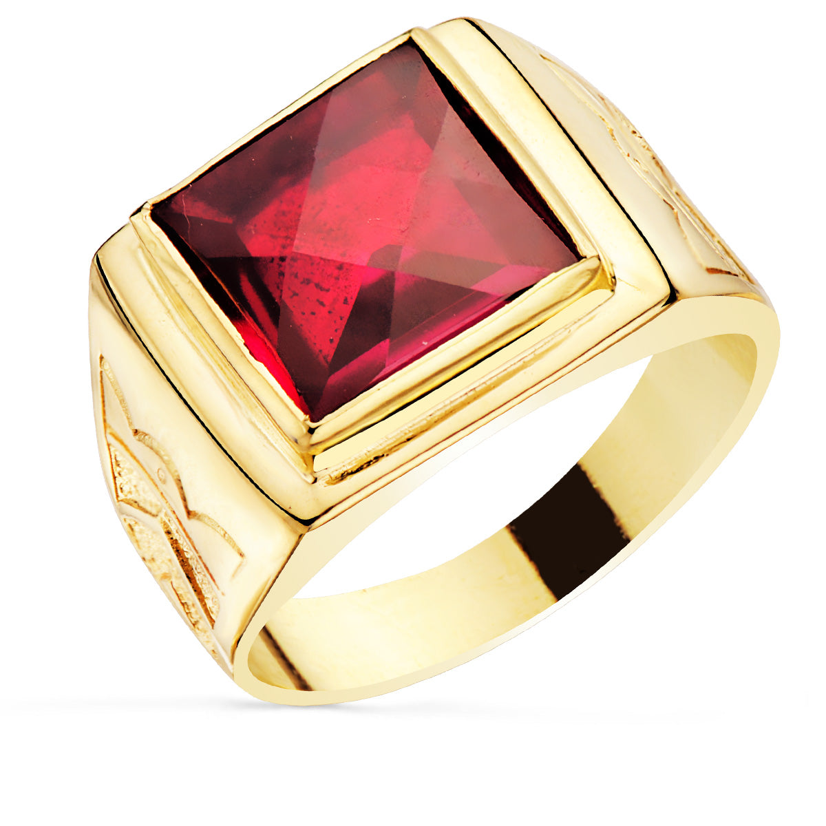 Sello Cuadrado Macizo con Piedra Spinel Rubí Talla Damero 12 x 12 mm de oro amarillo 18K