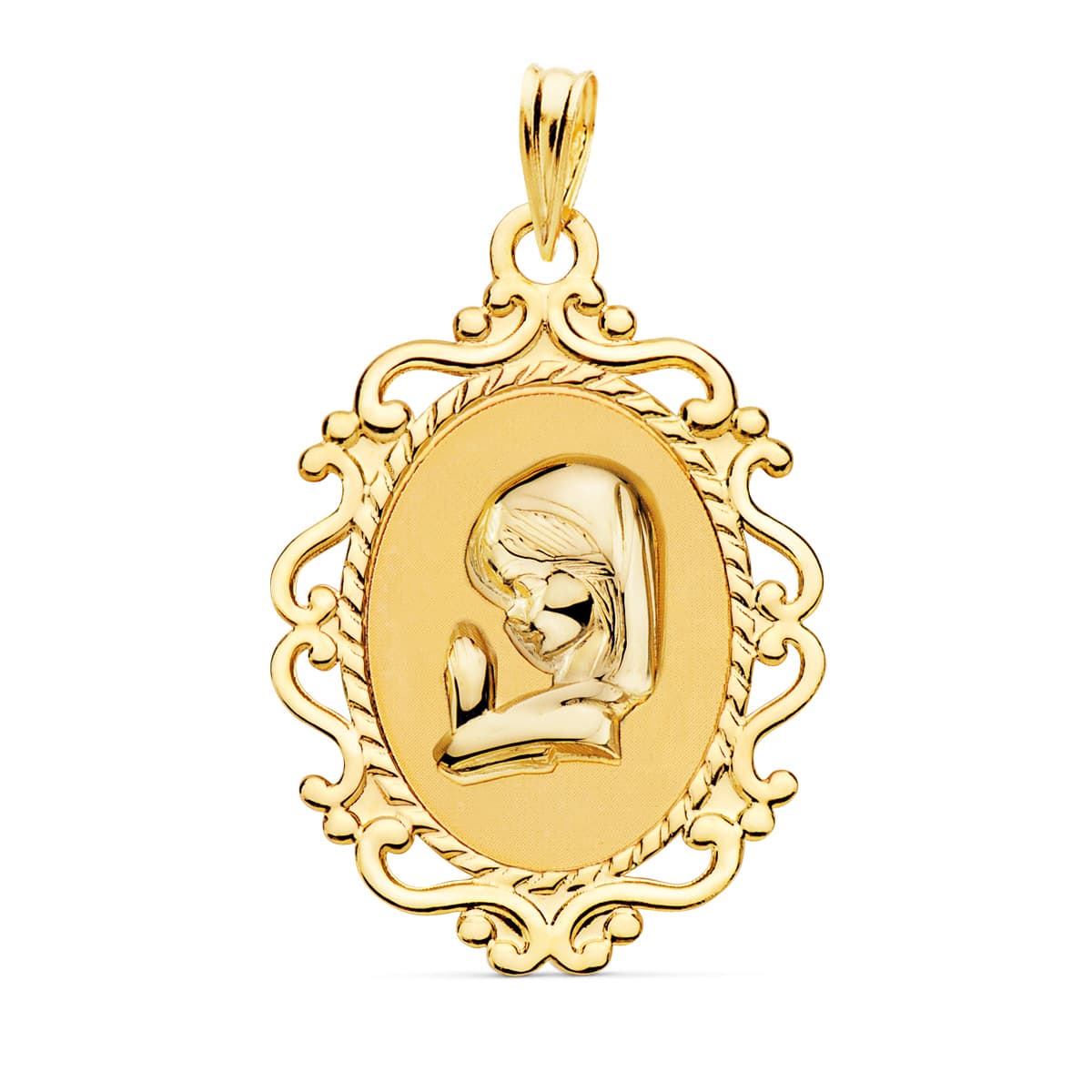 18K MEDALLA ORO AMARILLO VIRGEN NIÑA CERCO CALADO BRILLO 27X21 MM