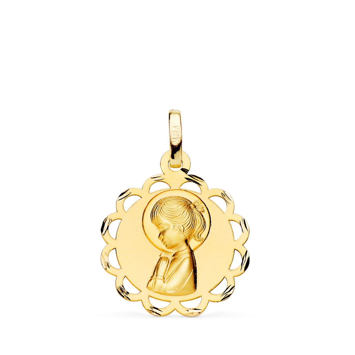 18K MEDALLA ORO AMARILLO PANDERETA VIRGEN NIÑA PERFIL MATIZADA Y CALADA 19 MM