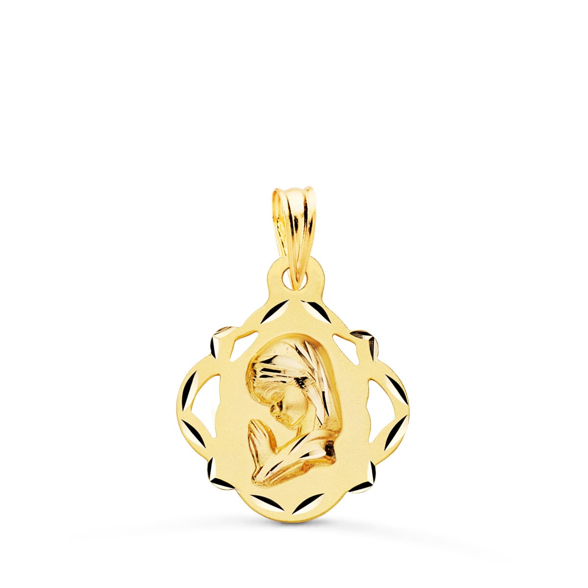 18K MEDALLA ORO AMARILLO VIRGEN NIÑA PANDERETA CALADA 19X16 MM