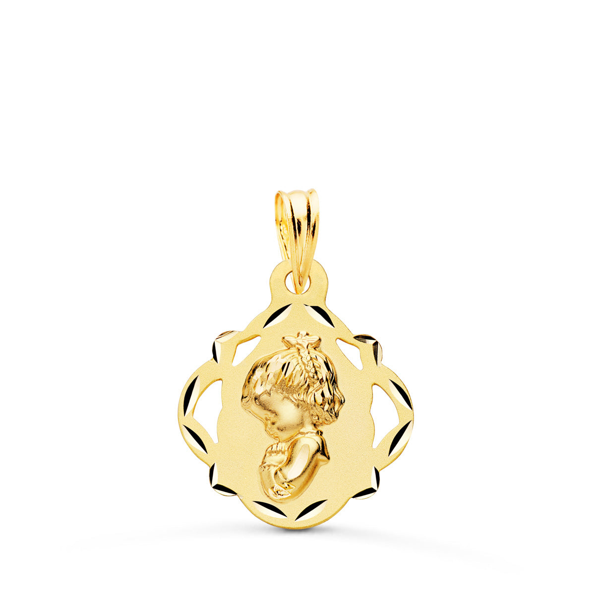 Medalla Virgen Niña Pandereta Calada 19 x 16 mm de oro amarillo 18K