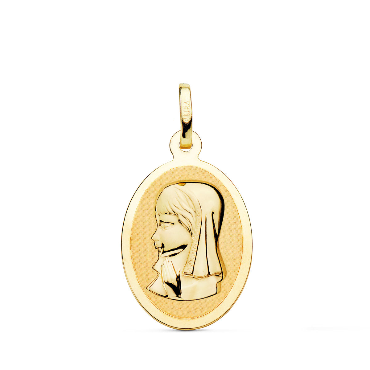 18K MEDALLA ORO AMARILLO VIRGEN NIÑA OVAL EN BRILLO 21X15 MM
